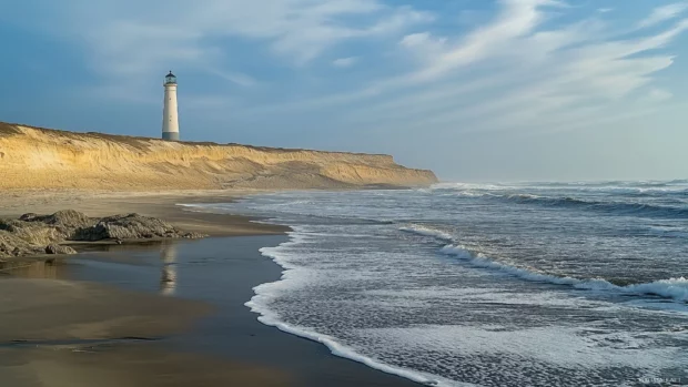 A beach with a lighthouse standing tall on a rocky promontory.
