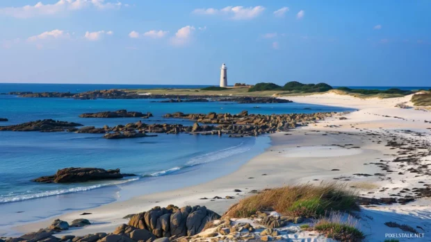 A beach with a lighthouse standing tall on a rocky promontory.