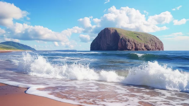 A beach with a massive rock formation in the ocean, waves crashing in digital art.