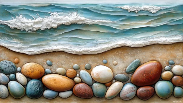 A beach with colorful pebbles and  waves.