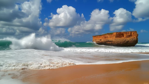 A beach with dramatic rock formations and crashing waves.