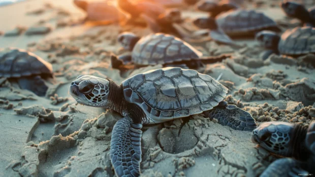 A beach with sea turtles nesting in the sand.