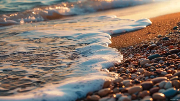 A beach with smooth, colorful pebbles and gentle waves lapping the shore.