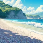 A beach with smooth, colorful pebbles and gentle waves lapping the shore.