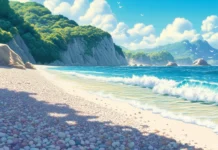 A beach with smooth, colorful pebbles and gentle waves lapping the shore.
