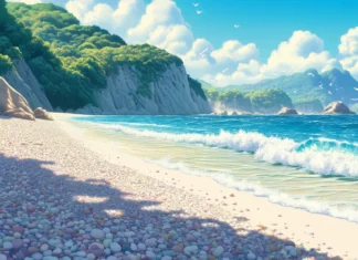 A beach with smooth, colorful pebbles and gentle waves lapping the shore.