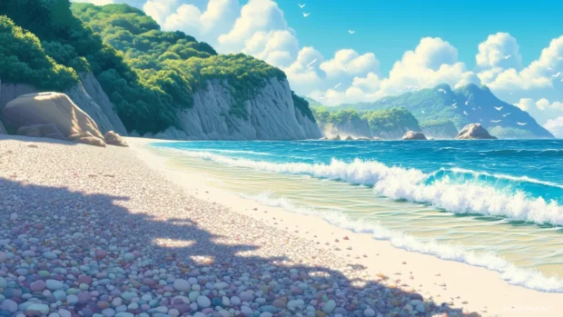A beach with smooth, colorful pebbles and gentle waves lapping the shore.