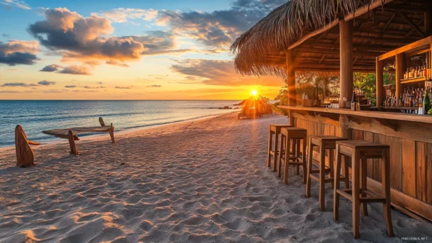 A beachside bar with tropical drinks and snacks, overlooking the ocean as the sun sets.