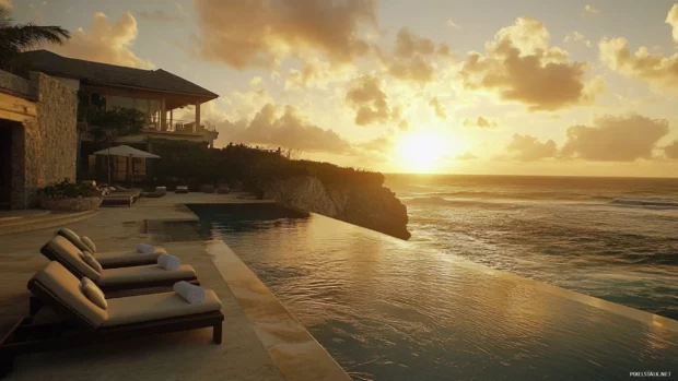 A beachside hotel with a swimming pool and lounge chairs, overlooking the ocean as the sun rises.