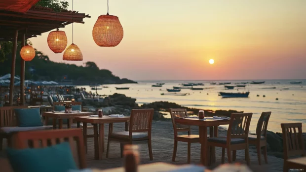 A beachside restaurant with outdoor seating, overlooking the ocean at sunset.
