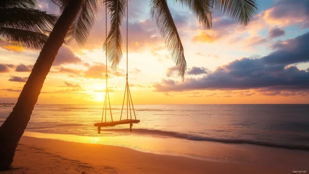 A beachside swing hanging, silhouetted against a sunrise .