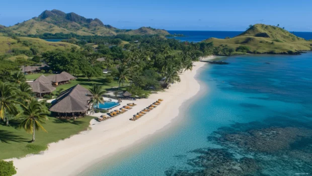A beautiful Fiji beach with turquoise water, white sand, and palm trees surrounding it.
