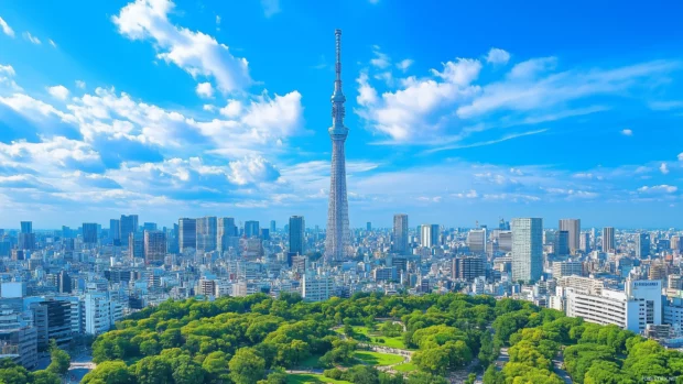 A beautiful Tokyo scene with the Tokyo Skytree, sleek buildings, and tranquil parks in broad daylight.
