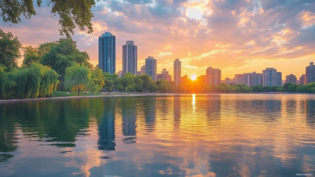 A beautiful city skyline with refined architecture, subtle reflections in the water, and a warm, golden sunset.