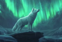 A beautiful northern lights wolf background with a lone white wolf gazing at the sky.