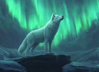 A beautiful northern lights wolf background with a lone white wolf gazing at the sky.