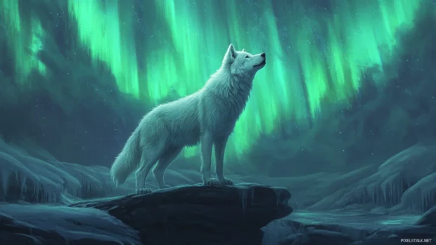 A beautiful northern lights wolf background with a lone white wolf gazing at the sky.