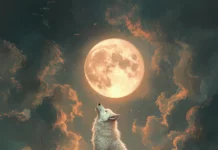 A beautiful scene where a white wolf howls toward a rising moon.