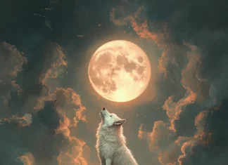 A beautiful scene where a white wolf howls toward a rising moon.