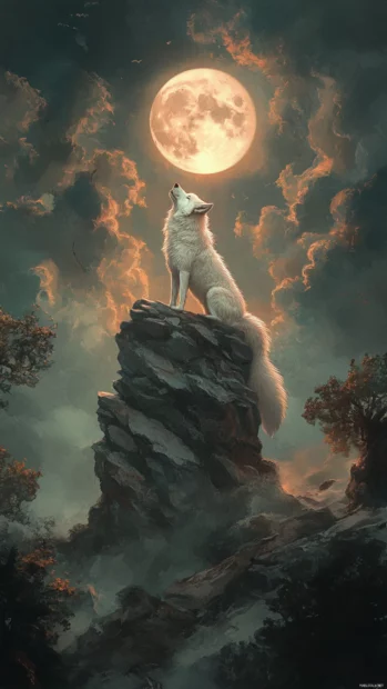 A beautiful scene where a white wolf howls toward a rising moon.