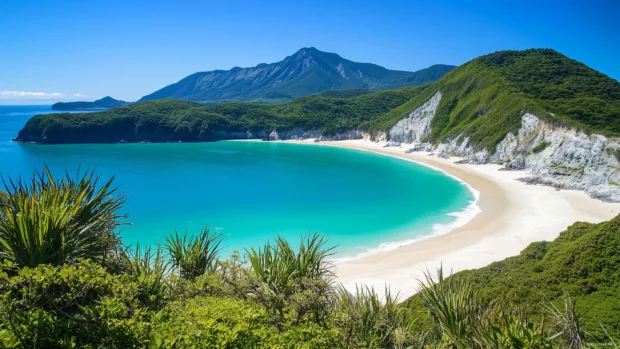 A beautiful tropical beach with clear turquoise water, white sand, and surrounding palm trees.