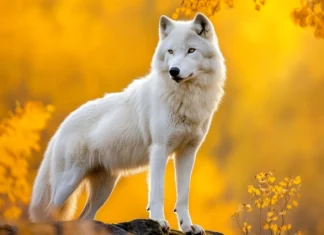 A beautiful wolf wallpaper showing a white wolf standing in golden light beneath a forest canopy.