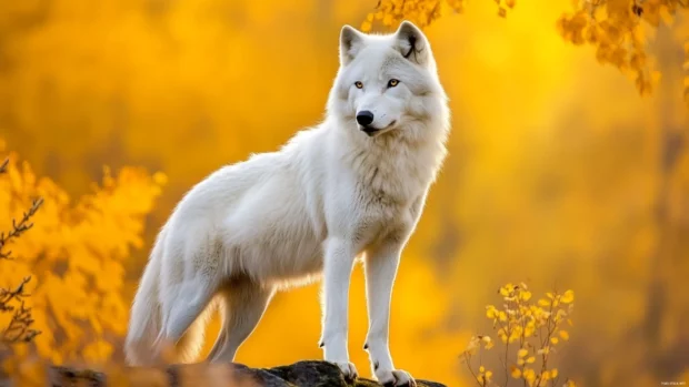 A beautiful wolf wallpaper showing a white wolf standing in golden light beneath a forest canopy.