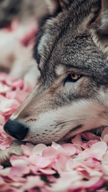 A beautiful wolf with a close up of a calm grey wolf surrounded by soft petals.