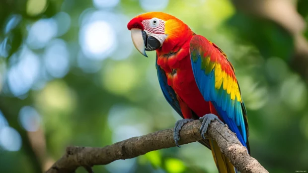 A beautifully composed forest scene with a single scarlet macaw at the center.