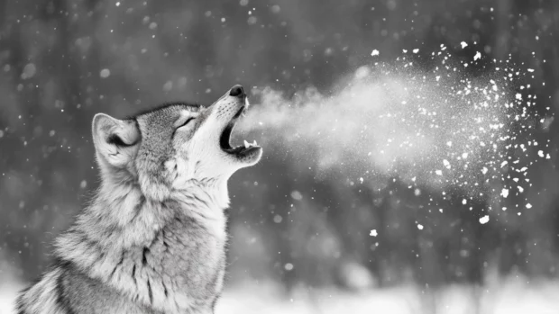 A black and white photo of a wolf mid growl with blurred snowy background.