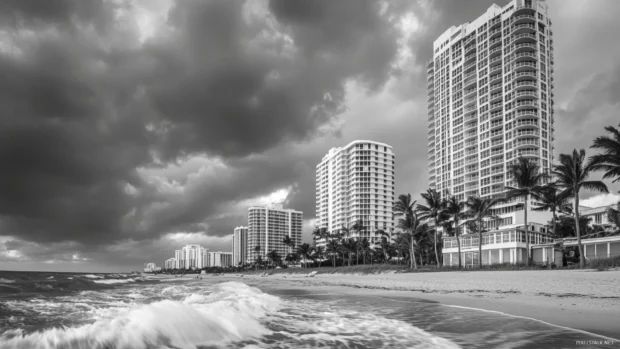 A black and white photograph of a wave crashing on the shore at Miami Beach.