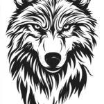 A black and white vertical wolf portrait showing intense focus in its expression.