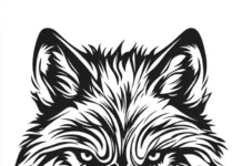 A black and white vertical wolf portrait showing intense focus in its expression.