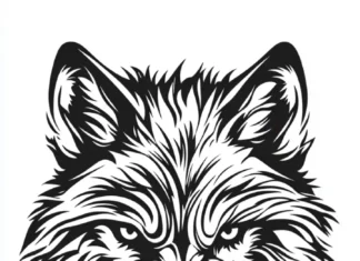 A black and white vertical wolf portrait showing intense focus in its expression.