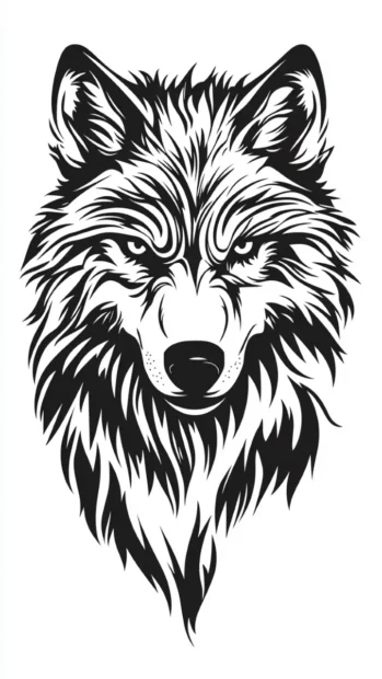 A black and white vertical wolf portrait showing intense focus in its expression.
