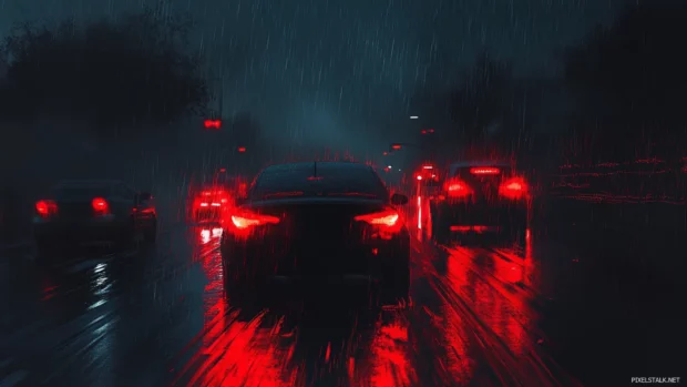 A black city soaked in rain and glowing red taillights.