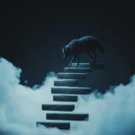 A black wolf climbs floating stairs made of light in the night sky.