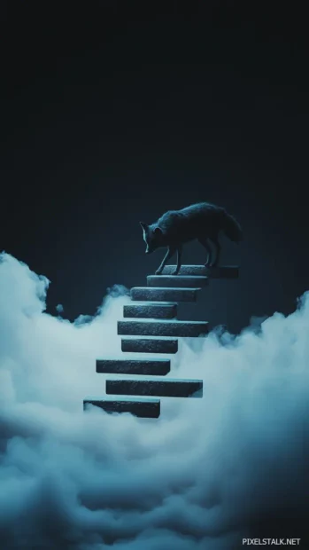A black wolf climbs floating stairs made of light in the night sky.