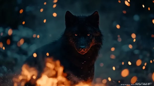 A black wolf emerging from shadows surrounded by falling embers.