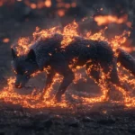 A black wolf made of embers emerging from molten rock.