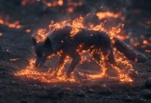 A black wolf made of embers emerging from molten rock.