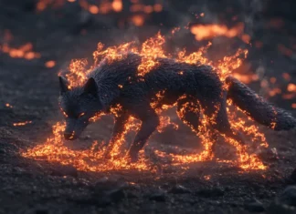 A black wolf made of embers emerging from molten rock.