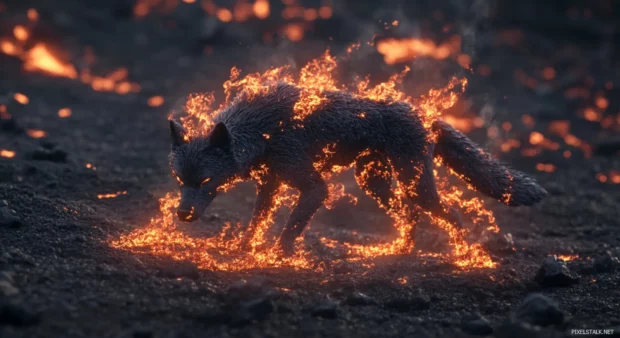 A black wolf made of embers emerging from molten rock.
