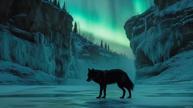 A black wolf walks along a frozen river as the aurora illuminates the icy cliffs above.
