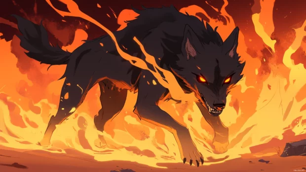 A blazing trail behind a red eyed wolf charging through dry desert.