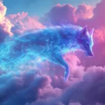 A blue energy wolf leaping across digital clouds in a vaporwave sky.