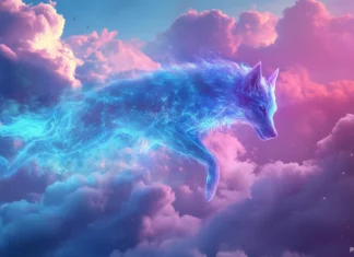 A blue energy wolf leaping across digital clouds in a vaporwave sky.