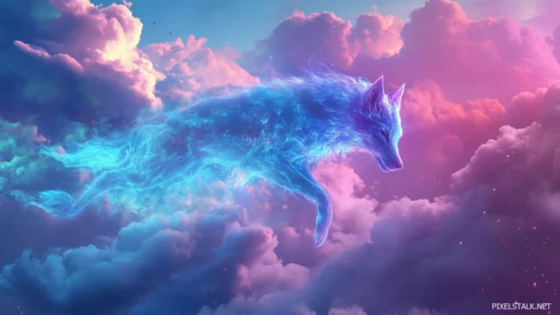 A blue energy wolf leaping across digital clouds in a vaporwave sky.