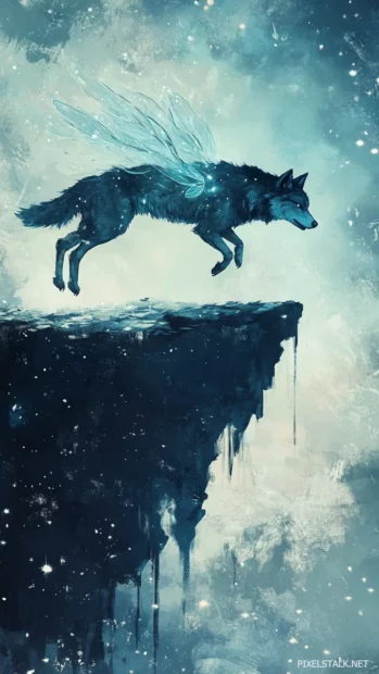 A blue wolf with transparent wings leaping from a floating cliff into the stars.