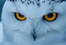 A bold close up of icy feathers surrounding the owl face.